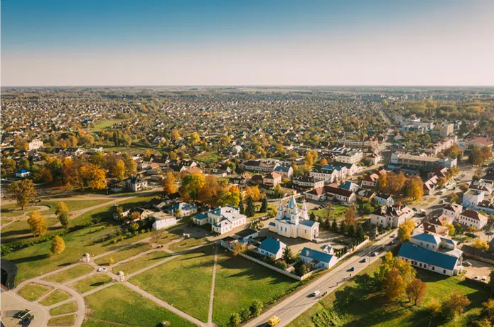 Aerial View of Town With Fall Foliage